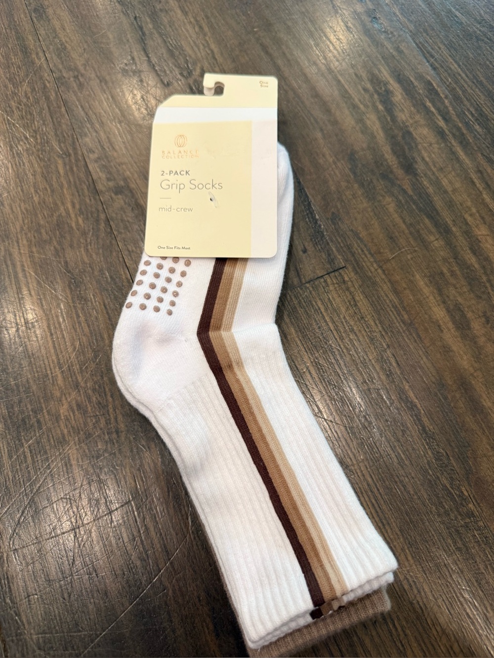 Balance Collection White Mid-Crew Grip Socks with Brown and Tan Stripes - 2-Pack